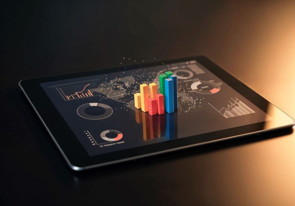 yoga Digital marketing dashboard on a tablet showing financial growth charts, 3D colorful bar graphs, data analytics metrics, and corporate conversion funnel optimization systems.