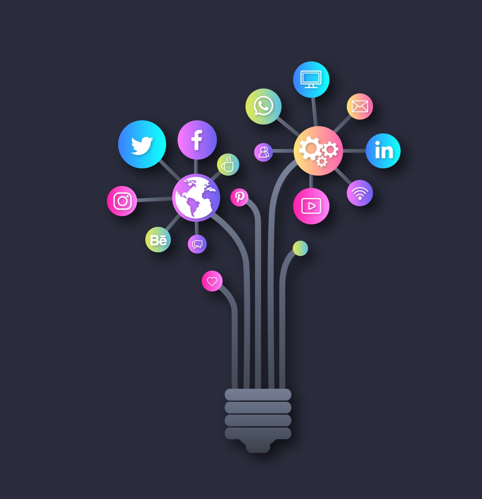 A flat graphic illustration on a dark grey background showing a lightbulb base with vertical grey lines growing upward like branches, branching into colorful circular icons for social media, global communication, and business settings.