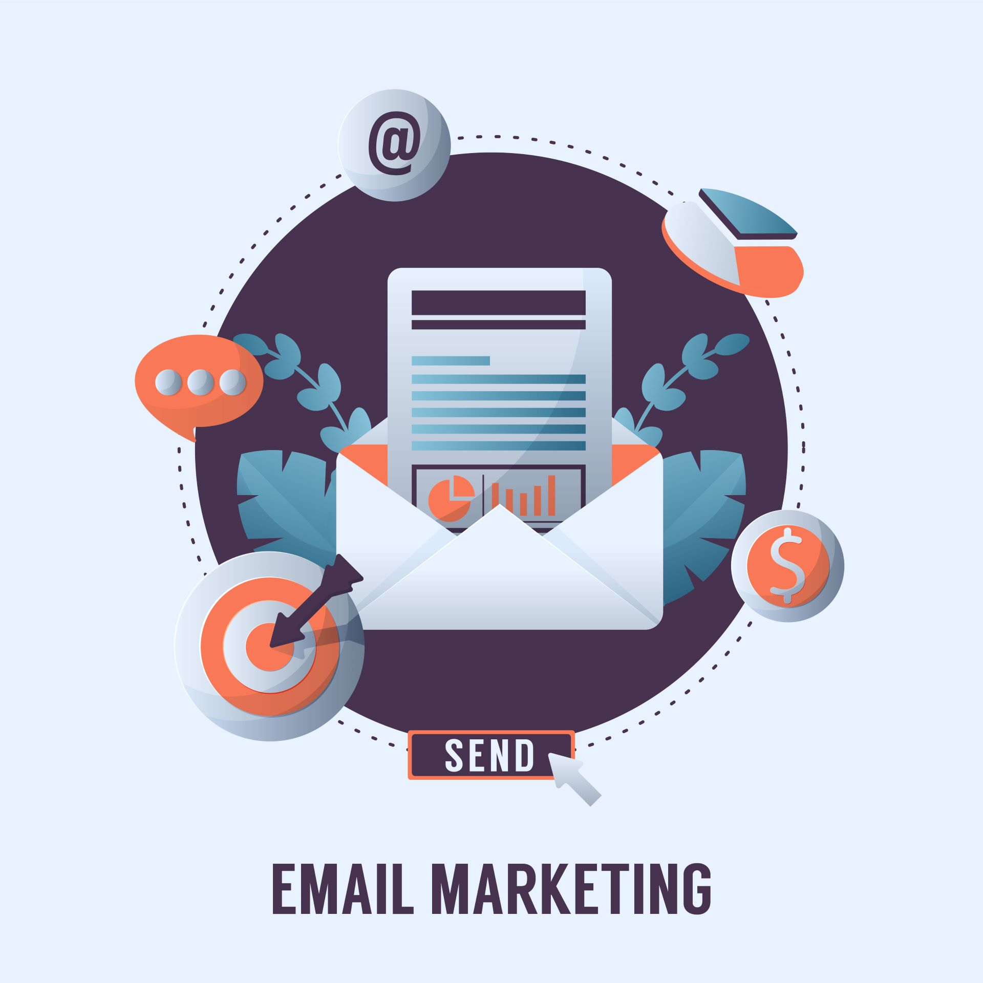 A flat vector email marketing illustration featuring an open envelope with a document displaying data charts, surrounded by circular icons for target tracking, currency, and notifications, with the text EMAIL MARKETING at the bottom.