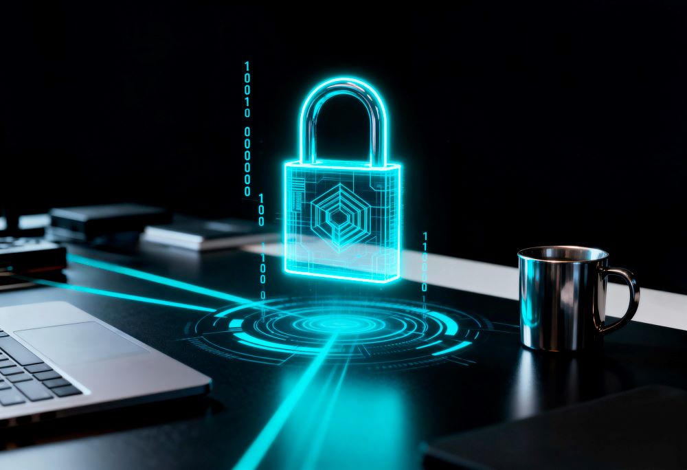 A 3D illustration of a large polished metal padlock resting on top of a dark computer keyboard with glowing purple and blue keys under a bright spotlight.