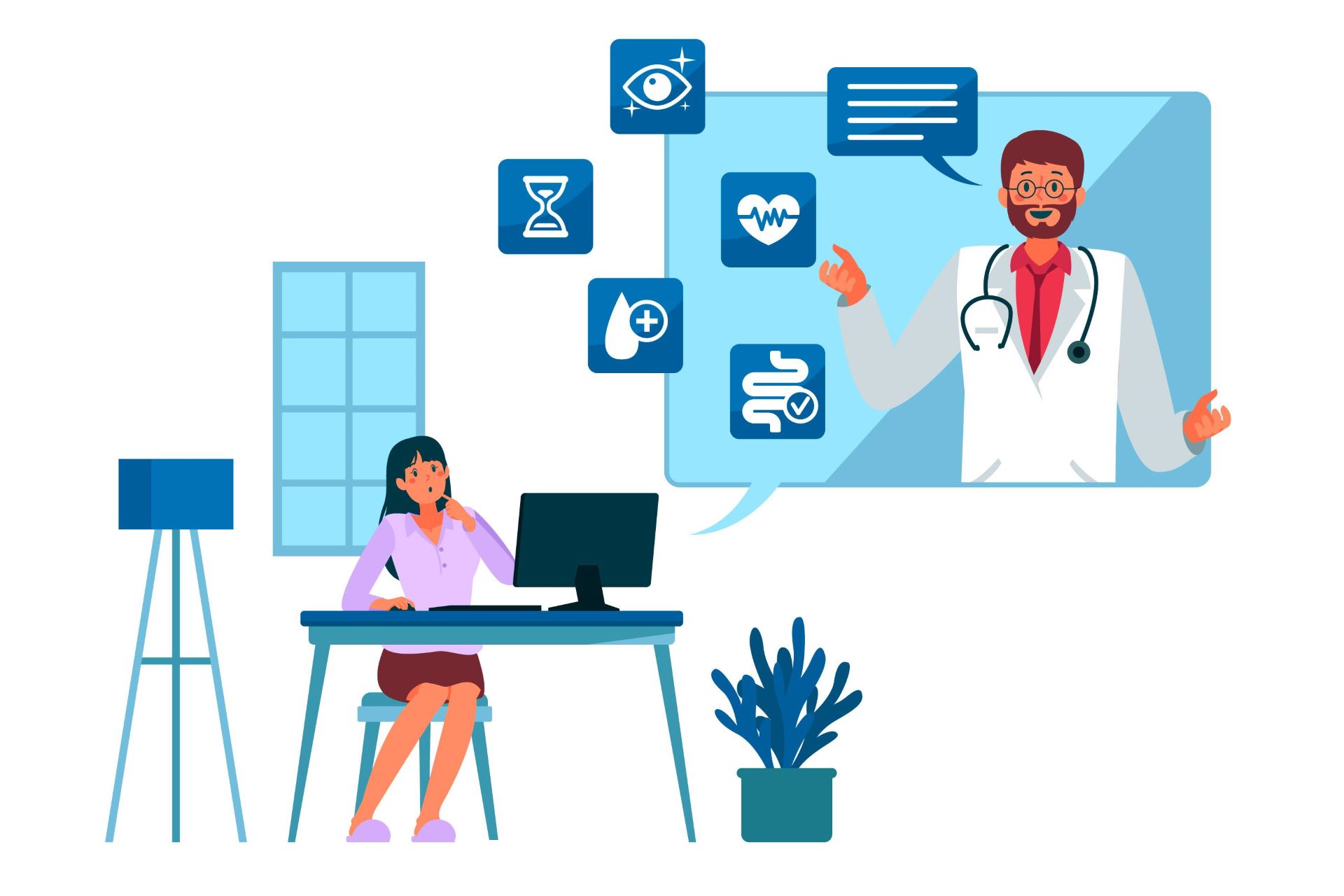 A flat medical vector illustration showing a woman seated at her office desk looking at a large digital screen display of a male doctor consulting remotely with medical icons floating nearby.