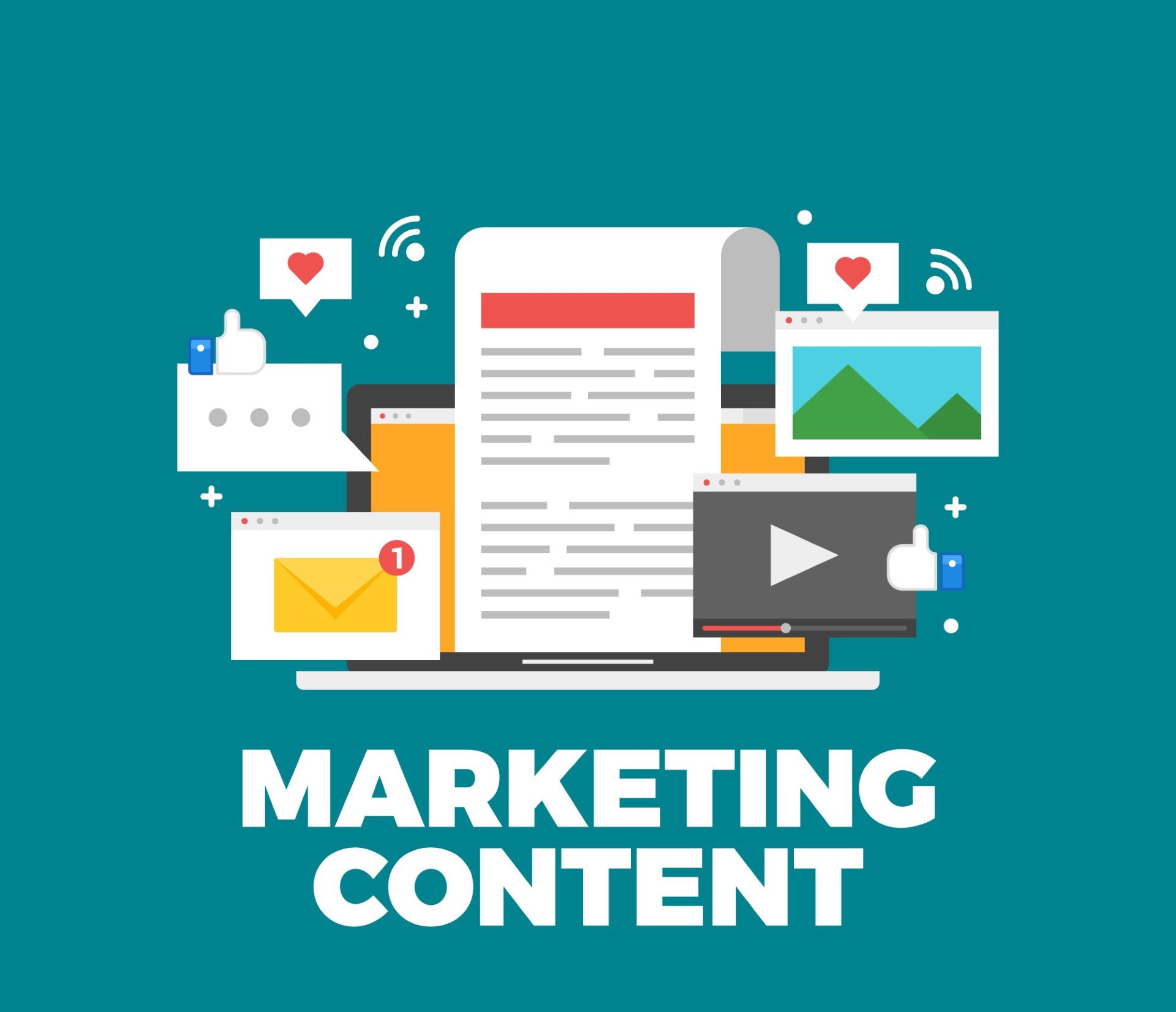 An abstract digital marketing illustration featuring a central laptop displaying a structured content document surrounded by modular media formats, social engagement icons, email notification windows, and video elements against a solid teal-blue background.
