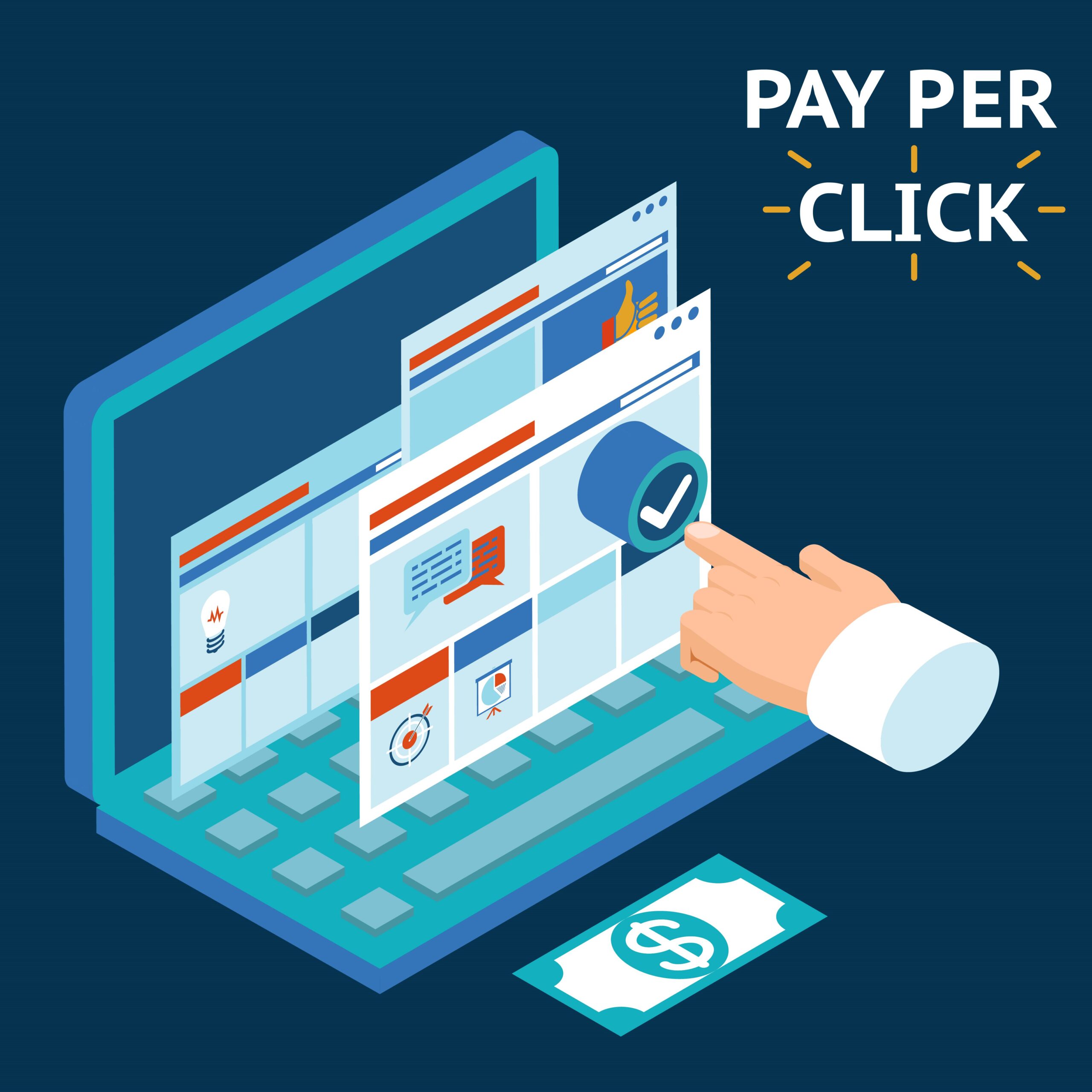 An isometric digital illustration of a laptop showing optimized landing page variants, a hand selecting a target option, and a currency symbol, representing data-driven pay per click advertising strategies.