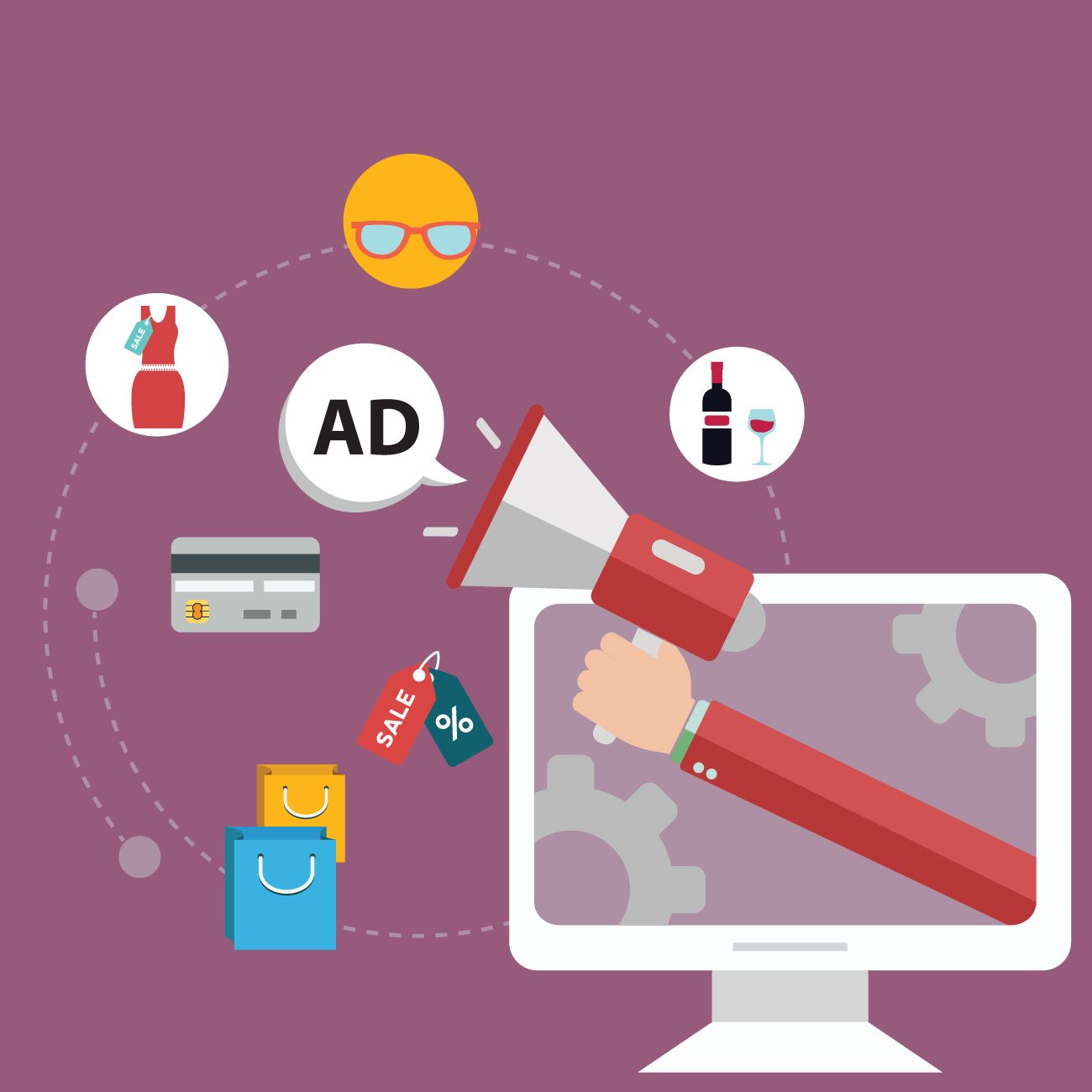 A flat vector illustration on a purple background showing a hand emerging from a computer monitor holding a megaphone, surrounded by floating icons for retail items, ads, credit cards, and shopping bags.