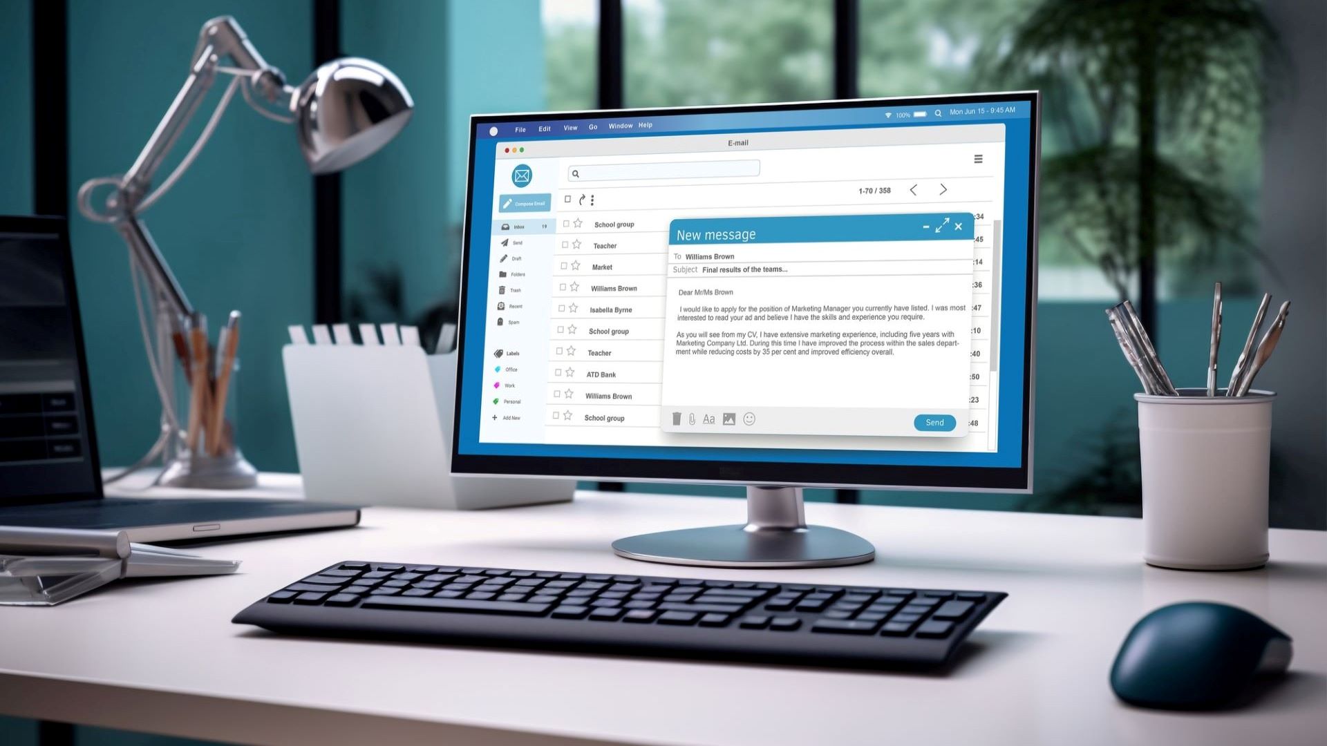 A clean workspace desktop featuring a wide-screen computer monitor displaying an open blue email interface with a white New message compose box open in the center, next to a black keyboard and a desk lamp.