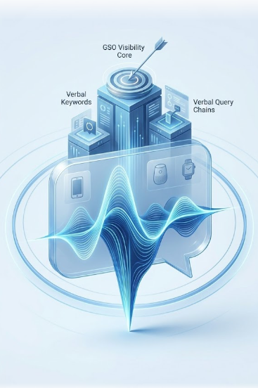 A vertical portrait illustration focused on Voice Search strategy. Abstract glowing blue sound waves evolve into tiered digital data modules representing 'Verbal Keywords' and 'Query Chains.' Mobile and smart speaker icons illustrate originating devices. A centralized 'GSO Visibility Core' is prioritizing these signals. Concentric blue light rings encircle the structure against a minimal background.