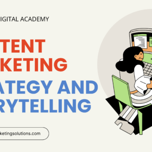 A professional vector illustration showing a content marketer designing campaign layouts and tracking visual storytelling assets on a curved desktop monitor.