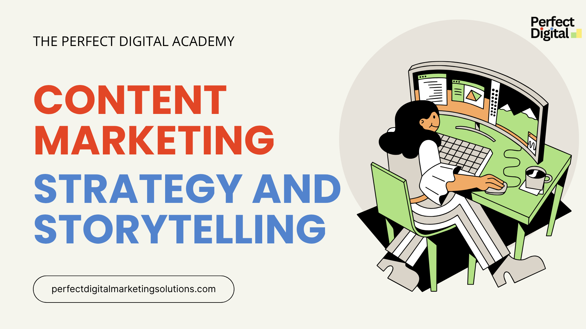 A professional vector illustration showing a content marketer designing campaign layouts and tracking visual storytelling assets on a curved desktop monitor.