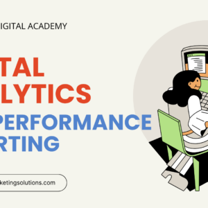 Digital Analytics and Performance Reporting course banner from The Perfect Digital Academy, featuring an illustration of a woman working at a multi-monitor desk setup tracking data.