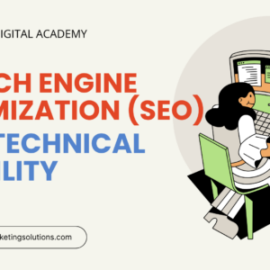 An professional illustration of a digital marketer at a desk working on a curved monitor to optimize technical visibility and search engine optimization protocols for Perfect Digital Academy.